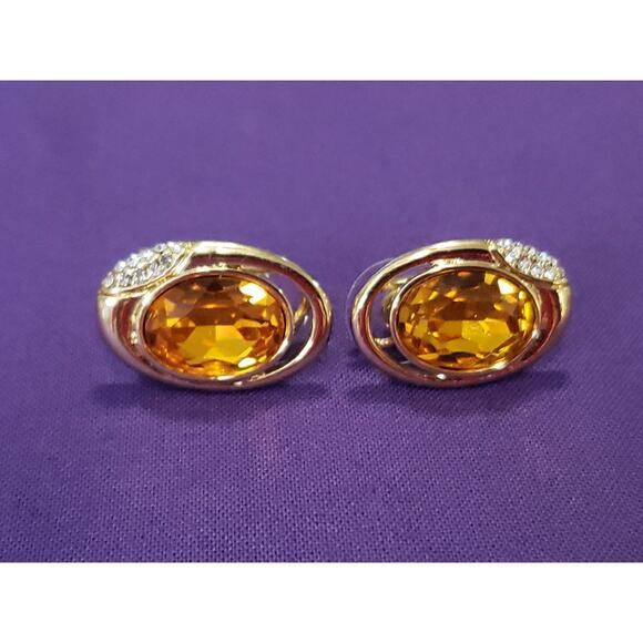 Butterscotch Yellow Rhinestone Crystal Earrings Classy Glam Gold Tone Pierced - Picture 6 of 8